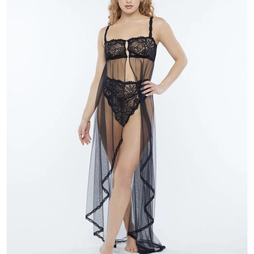 SAVAGE X FENTY ROMANTIC CORDED LACE TULLE Black Long Slip Gown MAXI SZ 1X $84 - Picture 2 of 7